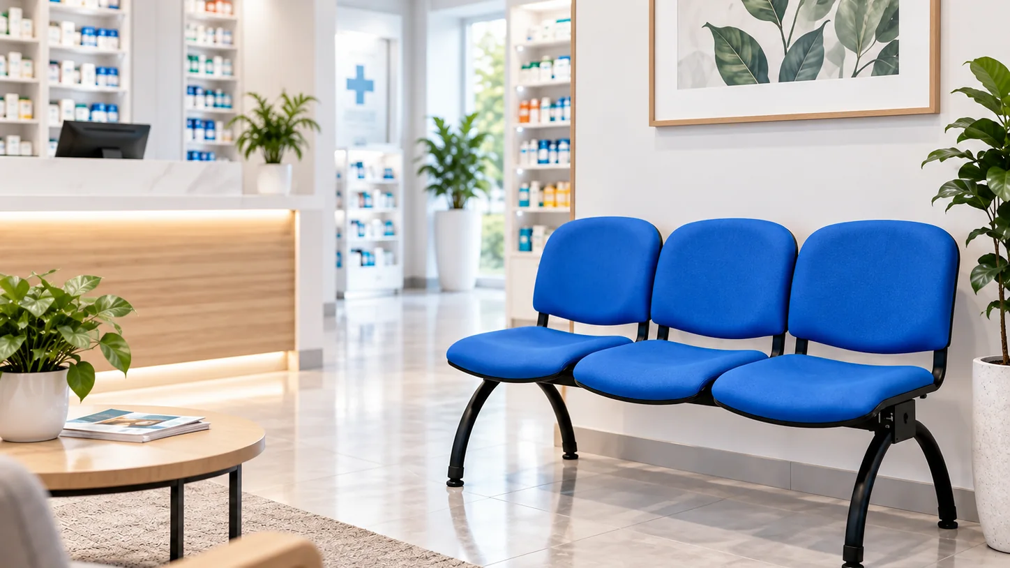 Sala de espera equipada con banca de tres puestos en entorno de farmacia